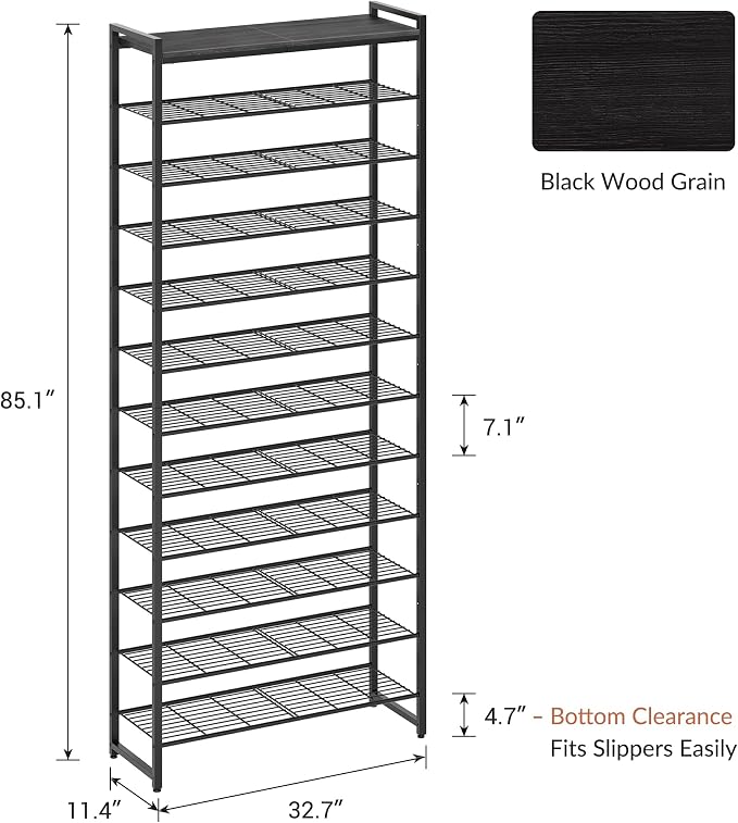 12 Tier Shoe Rack Organizer for 48-60 Pairs, Tall Metal Shoe Storage Shelf with Wood Top, Adjustable Boot Space, Narrow Design for Entryway Closet, Black