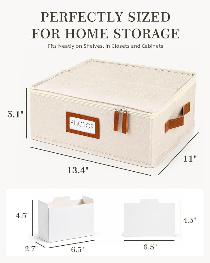FANGSUN Photo Storage Box with Lid, Stores 2000+ 4x6 Pictures, Dual Mesh Pockets for Larger Prints, Linen Photo Organizer with Dividers, Labels & Side Handle for Family and Travel Memories