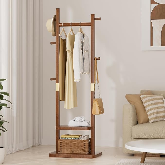 Taitiy Solid Wood Coat Rack, Freestanding Clothing Rack with 2 Shelves Storage & 5 Hooks, Heavy Duty Clothes Rack Stand for Hall, Bedroom, Living Room