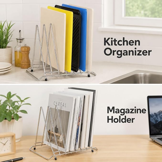 Stainless Steel Cutting Board Holder, 6-Slot Countertop Stand | 304 stainless steel, 6-slot organizer, heavy-duty, fits boards up to 1.4in (3.7cm) thick, not for pot lids