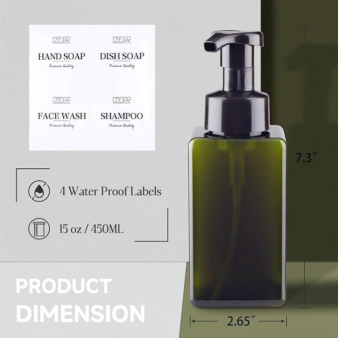 15OZ Foaming Soap Dispenser, 2-Pack Plastic Hand Soap Dispenser, Refillable Leakproof Foam Pump Bottle with Waterproof Labels, for Shampoo, Body Wash
