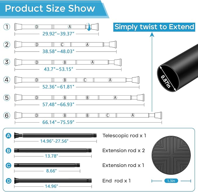 Tension Rod 30-76Inch Black Tension Curtain Rods for Windows Spring Tension Rod Adjustable Curtain Rod no Drilling Long Tension Rods for Window,Doorway,Closets