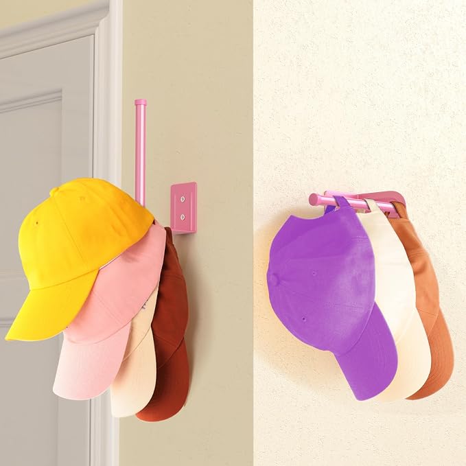 Durmmur 2 Pack Hat Racks for Baseball Caps, Stainless Steel Hat Organizer for Baseball Cap, Hat Holder Storage Organizer, Hat Hanger Strong Adhesive/Wall Drilled for Door, Bedroom, Closet(Pink 6 in)