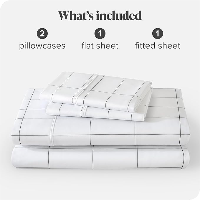 Bare Home Queen Sheet Set - Luxury 1800 Ultra- Soft Double Brushed Microfiber - Deep Pockets - Easy Fit - 4 Piece Bedding Sheet Set (Queen, Grid - White/Grey)
