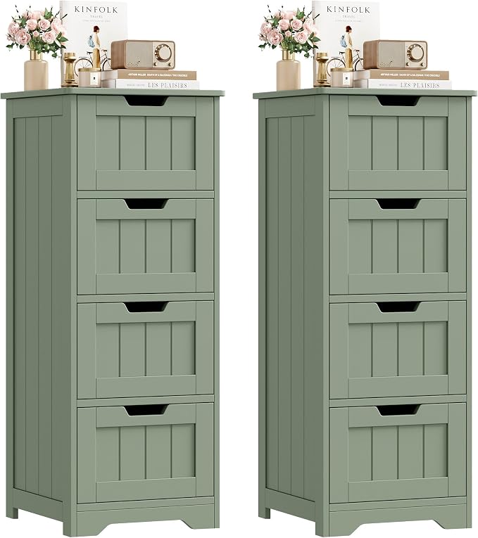 FOTOSOK Bathroom Storage Cabinet Set of 2, Bathroom Cabinet with 4 Drawers, 11.8” x 11.8” x 32.5” Freestanding Entryway Cupboard Storage Organizer Unit Home Furniture Decor, Green