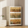 3-Tier Stackable Storage Bins with Wheels & Magnetic Doors, Foldable Collapsible Organizer Cabinet with Lids, 40 QT Arc-Design Clear Storage Boxes for Bedroom, Kitchen, Office, Dorm