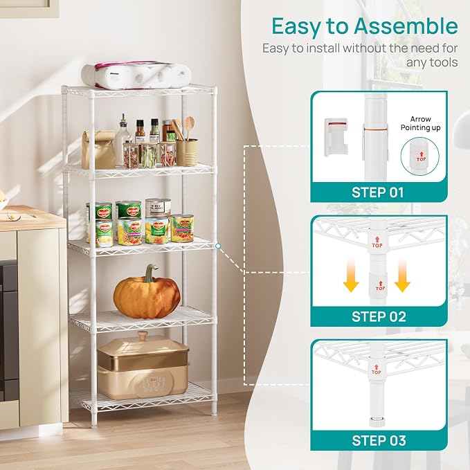 SINGAYE 5 Metal Shelves Wire Shelving Storage Shelf Adjustable Unit Pantry | 5 Tier Kitchen Laundry Room Organization Home Pantry Closet Bathroom Organizers Garage Rack 14" D x 24" W x 59.5" H White
