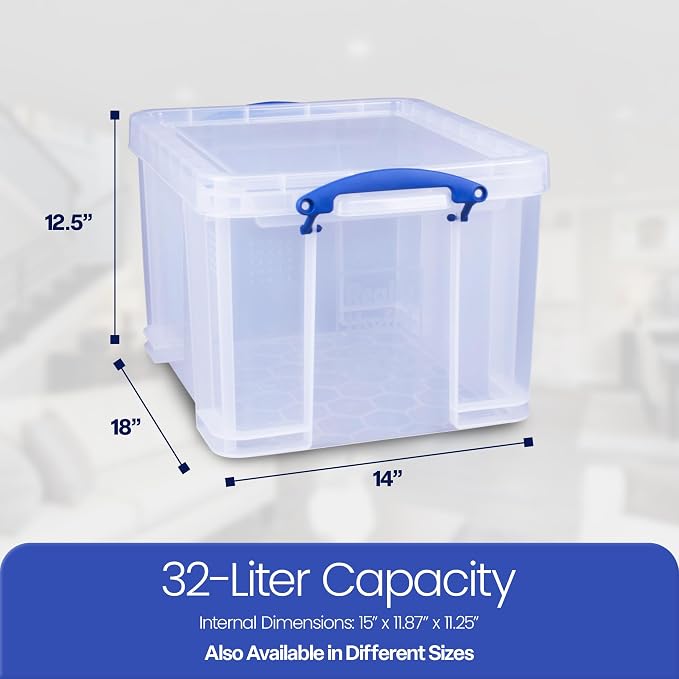 Really Useful Box 32 Liters Storage Bin Container with Snap Lid and Clip Lock Handles for Lidded Home and Office Storage Organization, 6 Pack