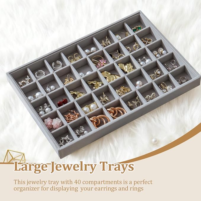 Large Jewelry Organizer for Drawer Insert Velvet Stackable Jewelry Trays for Earring Necklace Bracelet Ring Display (Gray, 40 Grids)