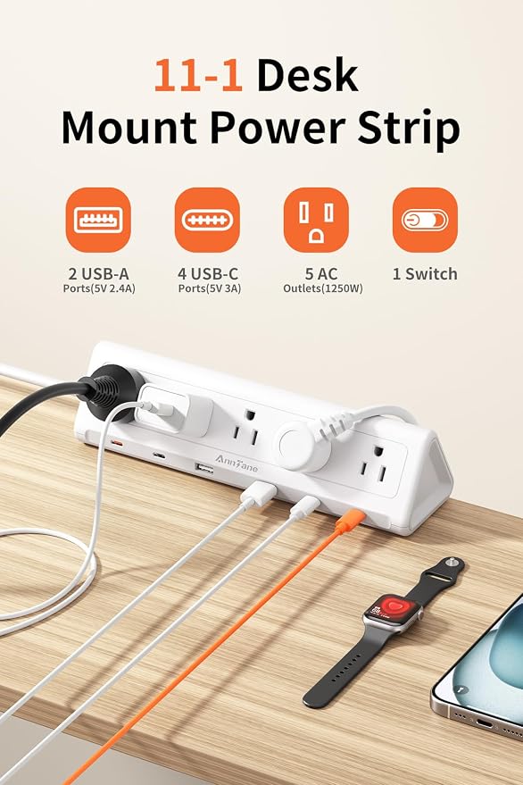 6.5 FT Desk Clamp Power Strip with 5 AC Outlets & 6 USB Ports PD 40W USB-C Fast Charging, Extension Cord with Multiple Outlets, Fits 2.1 in top Edge White