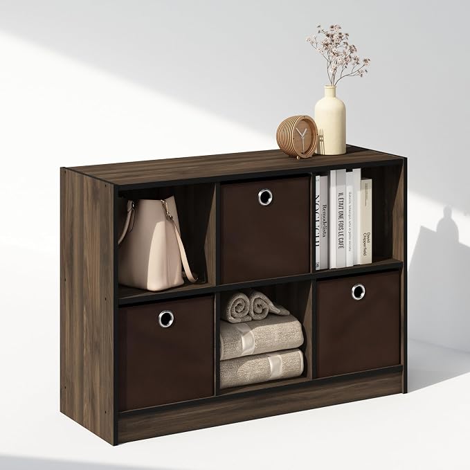 Furinno Cubic Closet Organizers and Storage, 6-Cube Closet Organizer with Bins, Open Shelf Storage, for Wardrobe, Bedroom, Living Room, Columbia Walnut
