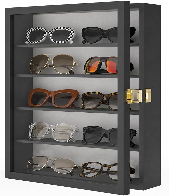TJ.MOREE Sunglass Organizer Wall Mounted Glasses Holder Display Case 5 Tier | 13 x 15 inches Wooden Storage Box for Multiple Pairs Eyeglasses Sports Sunglasses