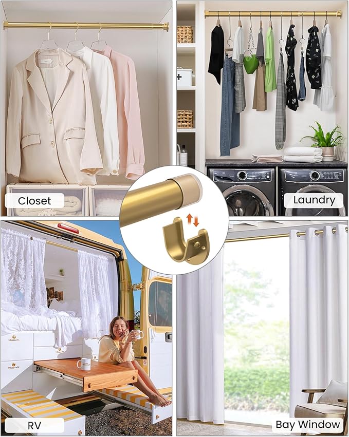 Supforce 2 Pack Closet Rods for Hanging Clothes, 17 to 54 Inches Stepless Adjustable Metal Closet Rod, 1.3 Inches Heavy Duty Clothes Hanging Rod for Closet Wardrobes Laundry RV, Golden