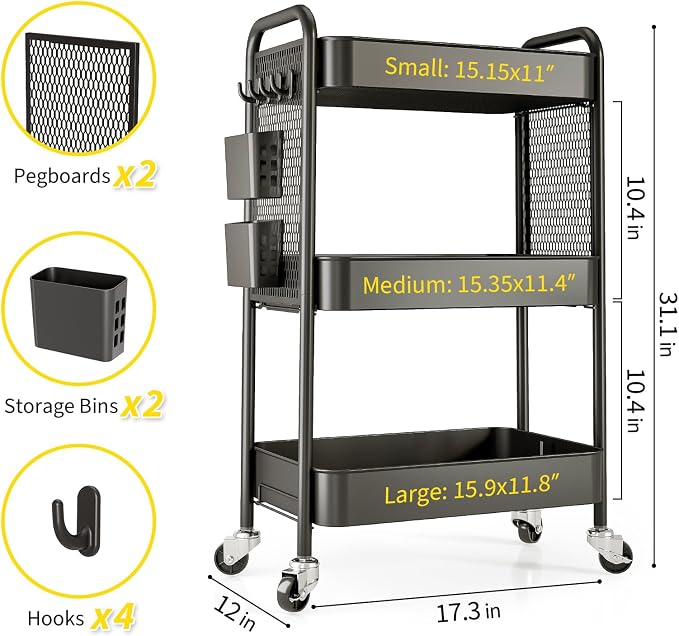 TOOLF 3 Tier Rolling Cart Storage Organizer, Metal Rolling Utility Car with Wheels, Hooks & Bins Esthetician Art Sturdy Storage with Pegboard for Bathroom, Kitchen, Office, Nursery Diaper