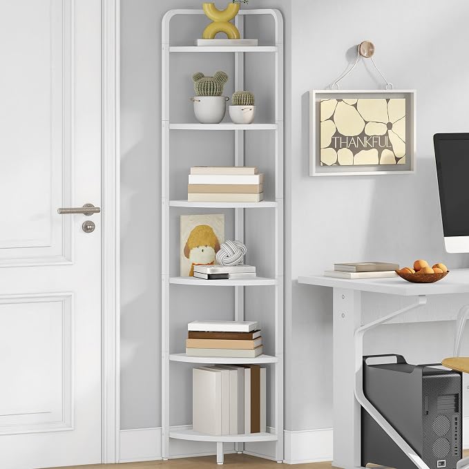 Hzuaneri Corner Shelf Stand Corner Bookshelf Standing Shelf Plant Shelf | Corner Display Rack with Metal Frame for Living Room, Bathroom, Kitchen, Industrial Style, 6 Tier Rustic Brown CS06613W