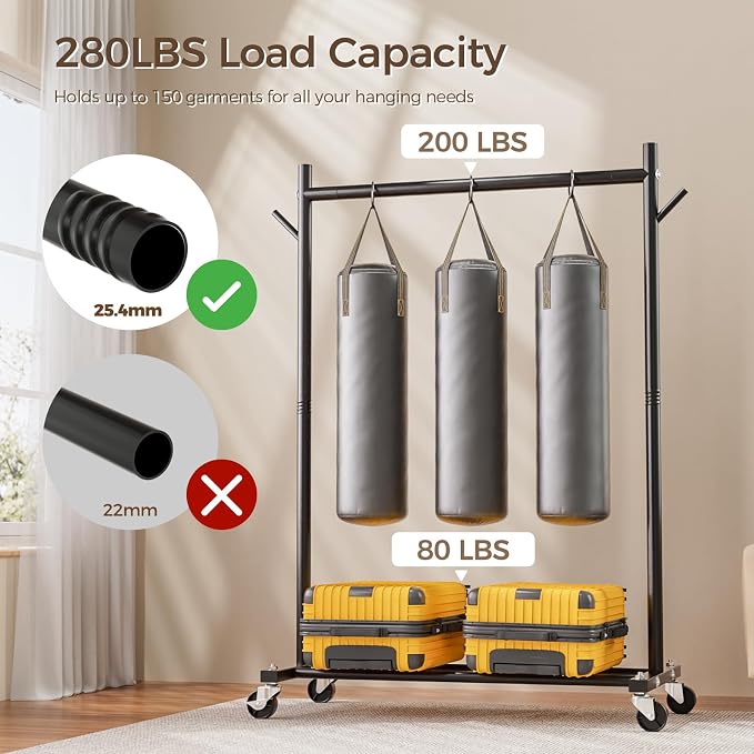 Clothes Rack, Clothing Rack for Hanging Clothes Load 280LBS, Rolling Garment Rack, Portable Coat Rack Freestanding Clothes Rack with Wheels Wardrobe Rack Easy Assembly for Bedroom Living Room, Black