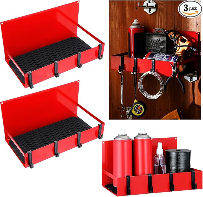 Lineshading 3 Pack Magnetic Garage Organizer Spice Rack for Refrigerator - 20 lb Capacity Shelf Hanging Heavy Duty Fridge Side for Organize Garage Tools, Red