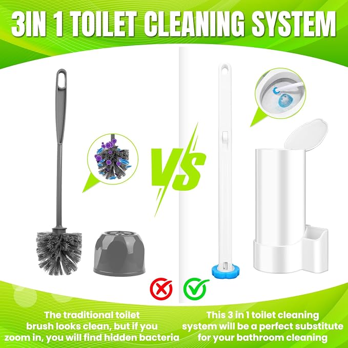 Disposable Toilet Brush, Extended Handle with 48 Cleaner Refills, Toilet Brush for Toilet Bowl Cleaners, Bathroom Cleaning