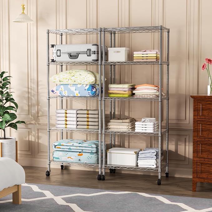SINGAYE 5 Shelves Storage Wire Shelf Closet Metal Shelving Pantry Wheels | Shelf Bathroom Organizers Metal Kitchen Garage Shelving Unit Laundry Room Organization Home Rack Net Basket with Wheels