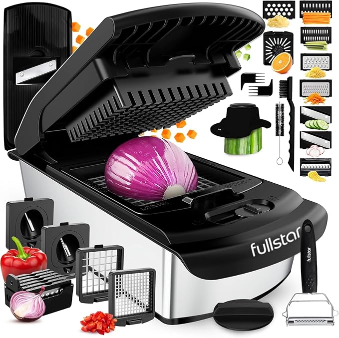 Fullstar Premium Vegetable Chopper and Mandoline Slicer - Food Chopper and Spiralizer with Container, Julienne Slicer, Fruit Slicer, Veggie Cutter, Kitchen Gadgets & Gift for Mom (14 in 1, Silver)