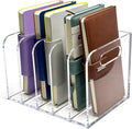 Clear Acrylic Magazine File Holder, 5 Compartment Desk Organizer | 5 spacious vertical compartments hold magazines, files, books & more. Clear acrylic, non-slip base. No assembly, portable.