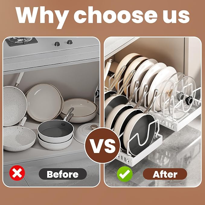 2 Pcs Pots and Pans Organizer Under Cabinet - Expandable Pull Out Cabinet Organizer for Pots and Pans, Pan and Lid Organizers Inside Cabinet, Adjustable Storage Rack, Carbon Steel (White)