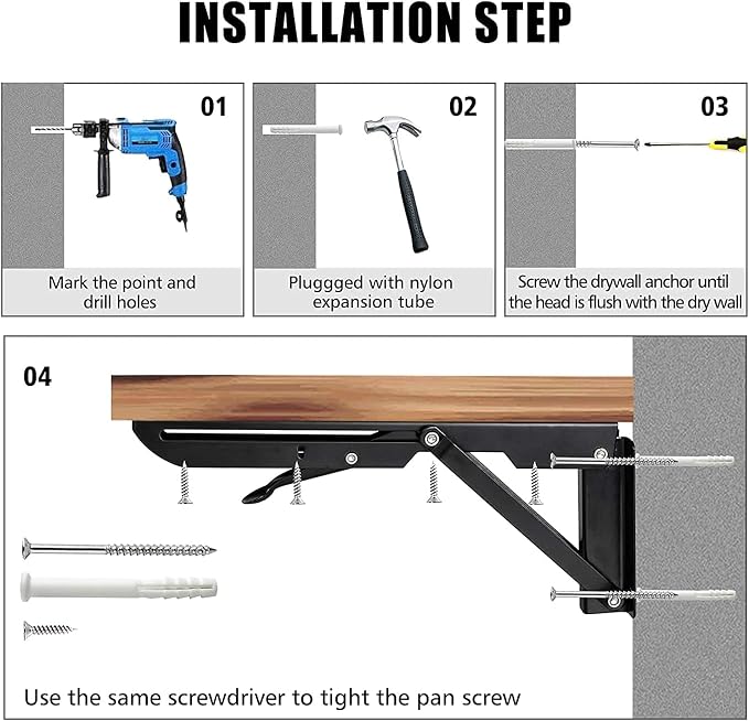 Folding Shelf Brackets - 8 inch 2 Pcs Heavy Duty Metal Collapsible Shelf Bracket, DIY Wall Mounted Foldable Shelf Bracket, Space Saving for Bench Table