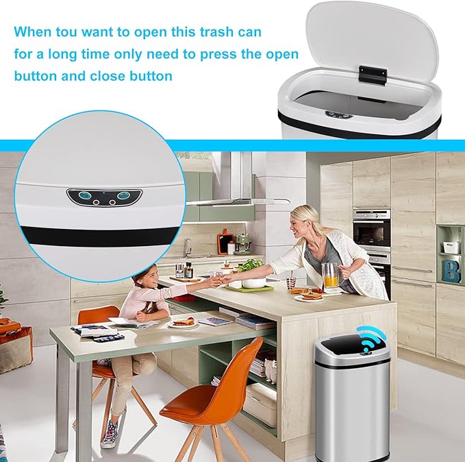 Bigacc 13 Gallon Touch Free Automatic Stainless Steel Trash Can Garbage Can Metal Trash Bin with Lid for Kitchen Living Room Office Bathroom, Electronic Motion Sensor Automatic Trash Can - White