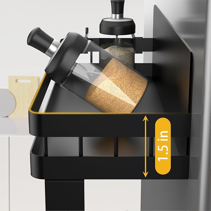 ZUNTO Magnetic Paper Towel Holder for Fridge, Strong Magnet, No Drill | Black Kitchen Organizer with Spice Shelf and 2 Removable Long Hooks for Hanging