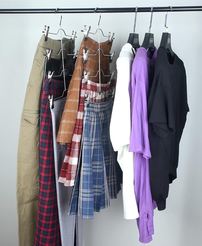 Szxc 2 Pack 4 Tier Skirt Pants Hangers Adjustable Clips Closet Organizer | Chrome frame with black vinyl, non-slip, durable clip hangers for pants & skirts,Space Saving Closet Organizer