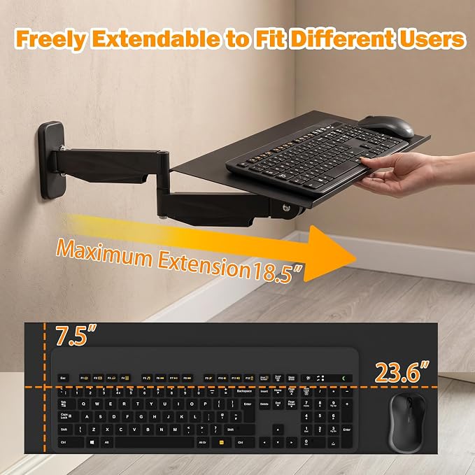 Keyboard Tray Wall Mount with Spring Arm, 23 Inch Keyboard and Mouse Platform, Height Adjustable Typing Stand, Wall Mount Holder for Laptop Desk Workstation, Home Office, Medical, Gaming (Wall)