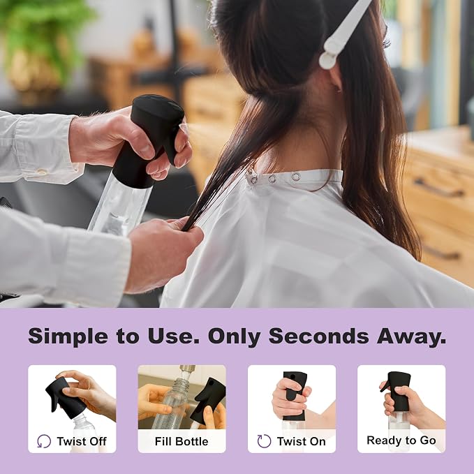 2 Pack Spray Bottles for Hair - Continuous Water Mister Spray Bottles with Ultra Fine Mist Spray for Hairstyling, Barbers, Salons, Skin Care, Cleaning, Plants, Pets (Ebony, 6.8 oz)