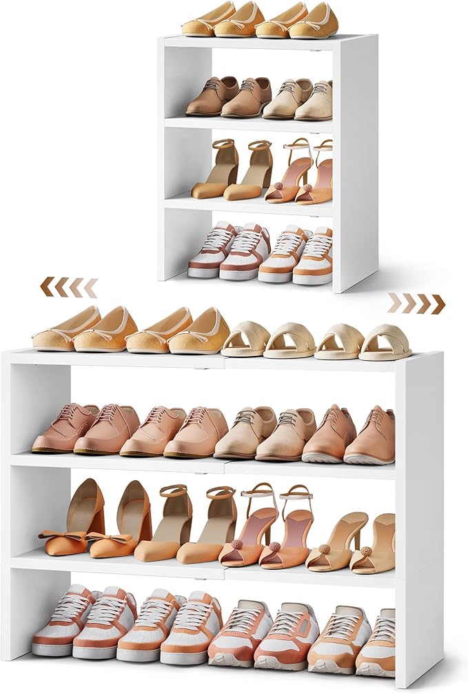 Hoctieon 3-Tier Expandable Shoe Shelf, Adjustable Shoe Shelf Storage Organizer, Stackable Iron Wood Combination Free Standing Shoe Rack for Entryway, Closet, Doorway, White