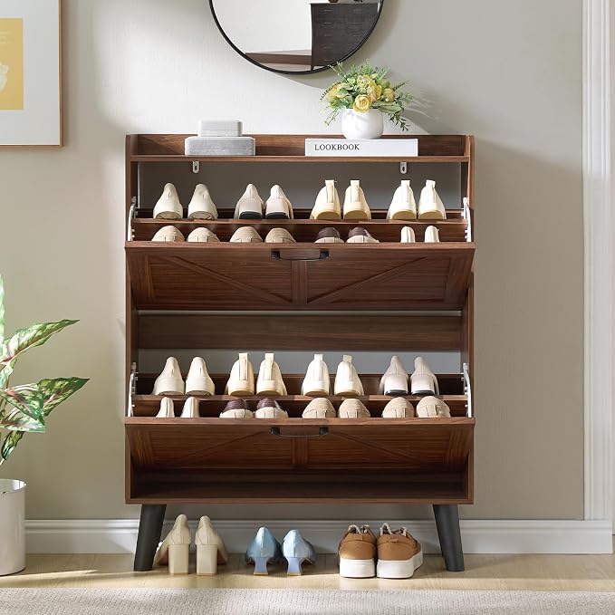LEYAOYAO Shoe Cabinet Storage for Entryway with 2 Flip Drawers Rack Narrow Organizer Slim Hidden Wood Shoe Cabinet Furniture Walnut