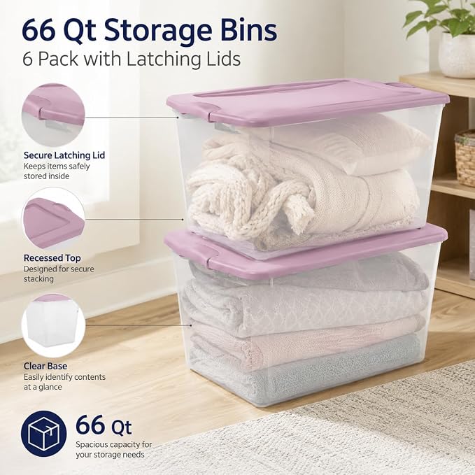 66 Quart Clear Plastic Storage Container with Latch Lid, Purple, 6 Pack | Clear Base & Lid, Secure Purple Latches, Recessed Stacking, 66Qt Capacity, BPA-Free Plastic