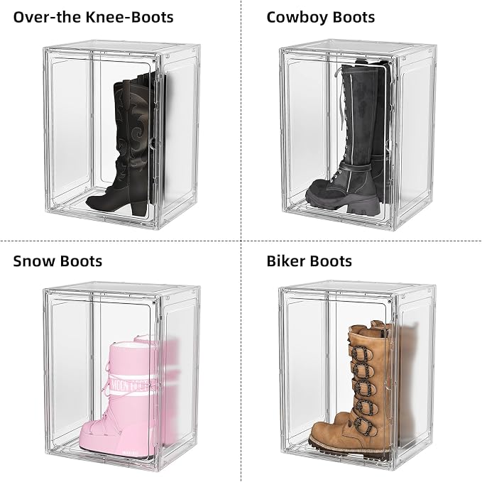 Boot Storage Organizer Tall Boot Shoe Storage Box for Closet 4 Pack Super Large Plastic Boots Container for Storage, Stackable Display Case for Collectibles, Backpack, Helmet, White