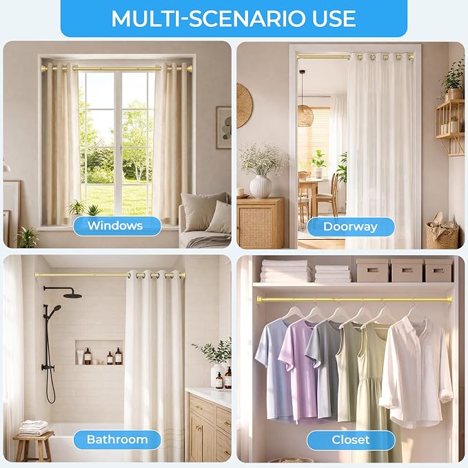AIZESI Tension Curtain Rod 28 to 48 Inch Adjustable No Drilling 7/8" Diameter Gold Curtain Rod, Small Shower Curtain Rod for Woindow, Bathroom, Doorway, Closet, Kitchen