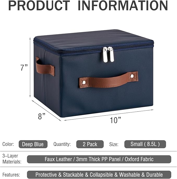 2PCS Storage Bins with Zippered Lid Decorative PU Leather Boxes | Foldable Washable Stackable Basket Container, Shelf Closet Organizer, with Handles & PP Plastic Boards, Deep Blue-Small