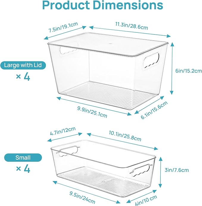 Vtopmart 8 Pack Clear Plastic Storage Bins with Lid Set, 4 Large and 4 Small Pantry Organizers and Storage Bins with Handle, Storage Containers for Pantry, Kitchen, Fridge, Cabinet Organization