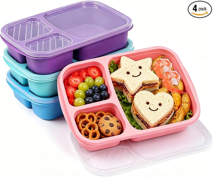 buluker 4 Pack Bento Lunch Box Set 3 Compartment Food Storage Containers Wheat Straw Meal Prep Lunch Box Plastic Food Storage Containers, Microwave and Dishwasher Safe (Vivid Colors)