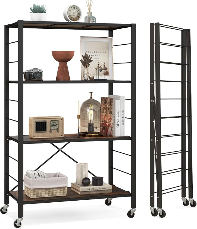 Giantex 4-Tier Folding Storage Shelf, Collapsible Shelving Unit w/Lockable Wheels & Adjustable Shelf, Heavy-Duty Storage Organizer on Wheels, Storage Rack for Tool Room, Garage, Kitchen, Living Room