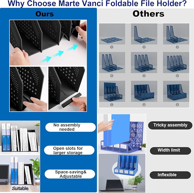 Marte Vanci Collapsible Magazine File Holder with 4 Vertical Compartments, Binder Holder for Desk, Desktop Binder Organizer for Notebook, Documents, Book, School Office Supplies(Black)