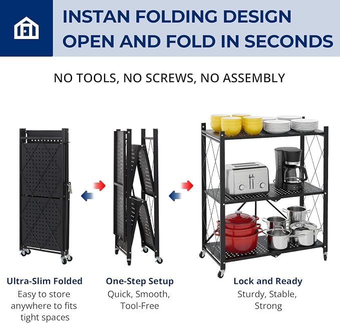 3 Tier Foldable Storage Shelves with Wheels, Metal Collapsible Organization Storage Rack, No Assembly Folding Bookshelf, Rolling Storage Rack for Kitchen, Bedroom, Pantry, Garage, Display, Black