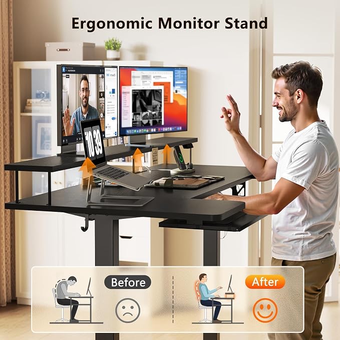 OffiGo 55 Inch U Shaped Electric Standing Desk with Keyboard Tray, Black | 3 Outlets & 2 USB Ports, Monitor Stand, 10 Colors & 10 LED Modes, 3 Presets, 28.3"-46.5"in Range, 154 lb Capacity