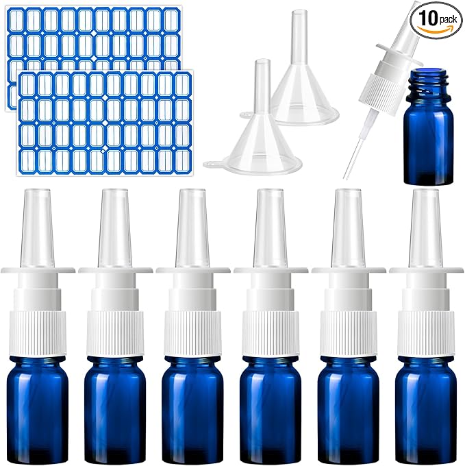 10 Pcs Nasal Spray Bottle, 5ML/0.17OZ 6 Pcs Blue Fine Mist Glass Empty Refillable Nasal Spray Bottle with 2 Funnels and 2 Labels