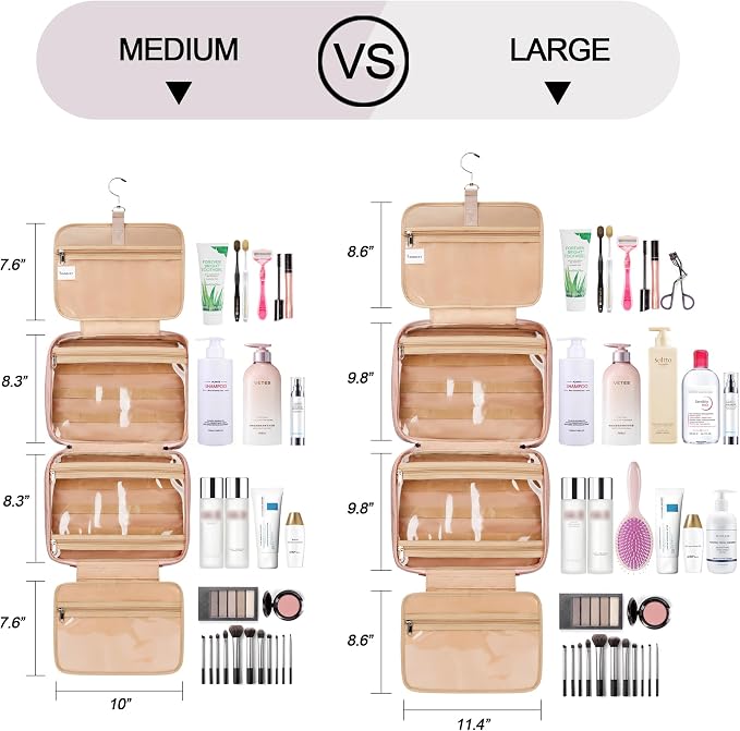 Travel Hanging Toiletry Bag for Women, Extra Large Makeup Bag, Holds Full-Size Shampoo, with Jewelry Organizer Compartment, Waterproof Cosmetic Bag, Toiletries Kit Set with Trolley Belt, Baby Pink