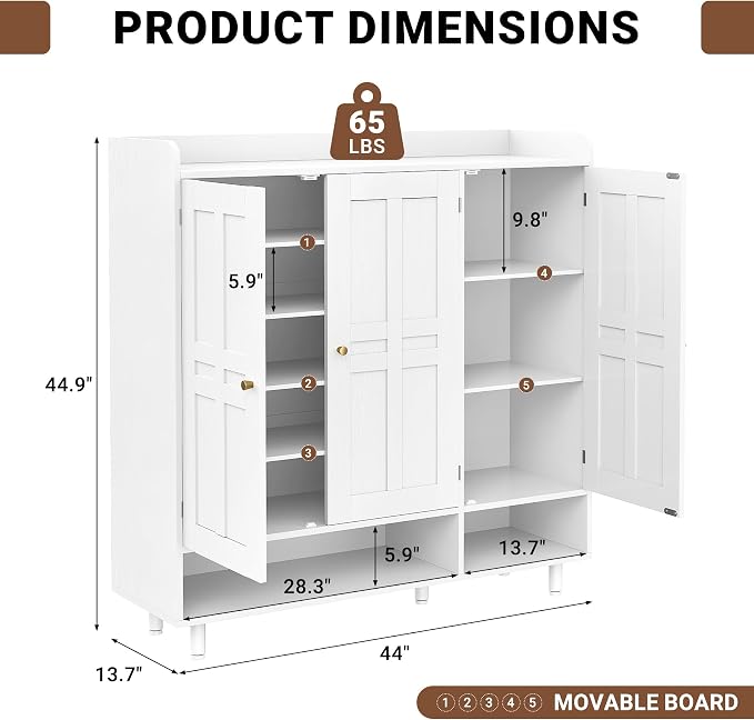 Shoe Cabinet with 3 Doors and Adjustable Shelves, Large Shoe Storage Cabinet for 24–30 Pairs, Modern Farmhouse Shoe Organizer with Open Bottom Shelf for Entryway, Living Room, White