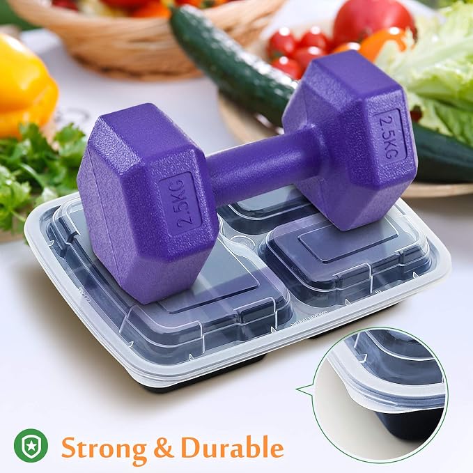 Enther Meal Prep Containers with Lids 20 Pack 3 Compartment Food Storage Bento Lunch Box BPA Free, Reusable, Microwave/Dishwasher/Freezer Safe, 24oz Black Small