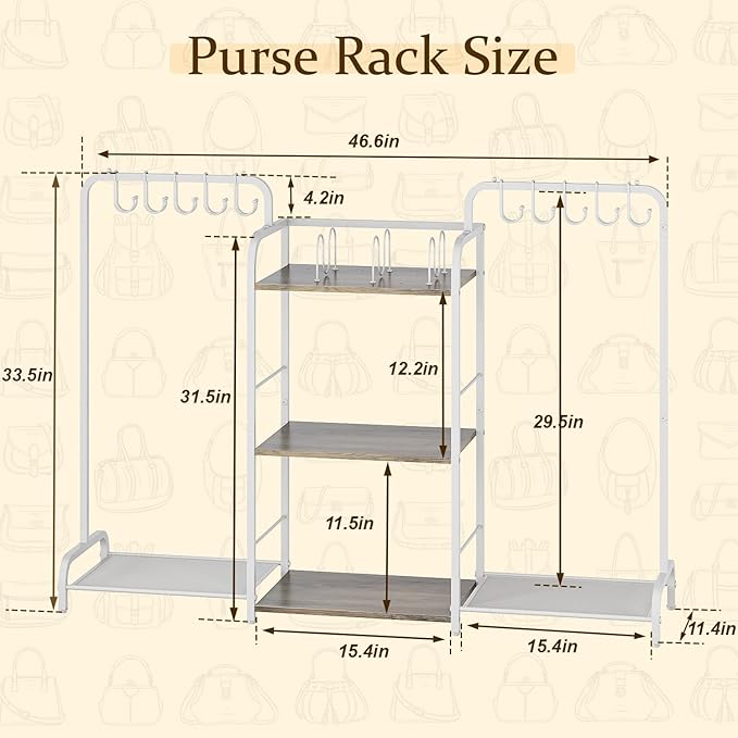 Purse Organizer with 2 Purse Hangers for Purse Storage, High-Capacity Handbag Organizer with 10 Adjustable Hooks and 3 Dividers, Purse Holder for Closet System, Purse Rack Stand for Bag Organization