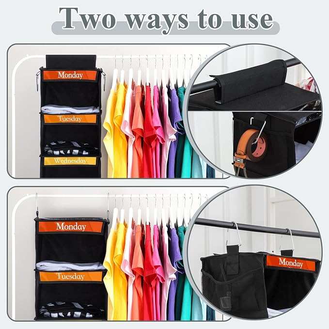 Amylove 2 Pack 6 Shelf Weekly Clothes Organizer for Kids with Side Pocket, 47 Inch Days of the Week Clothes Organizer, Monday to Friday Daily School Outfits Clothing Divider for Kids(Black)